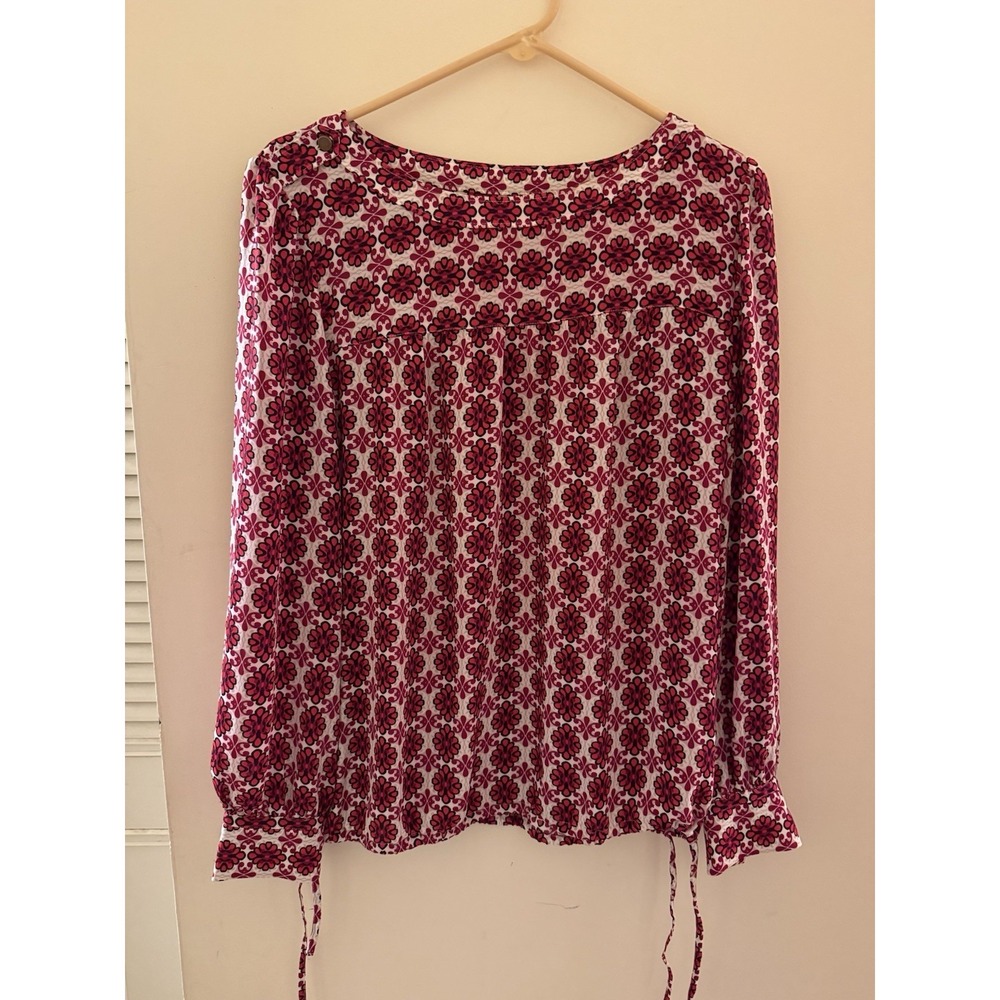 LOFT Red Geometric Floral Print Blouse Long Sleeve Pullover Top Boho